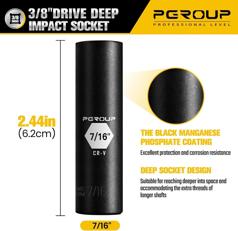 pgroup 3/8” Drive Deep Impact Socket, SAE(7/16 Inch socket), 6-Point, Cr-V Steel With Black Manganese Phosphate Coating - Image 2